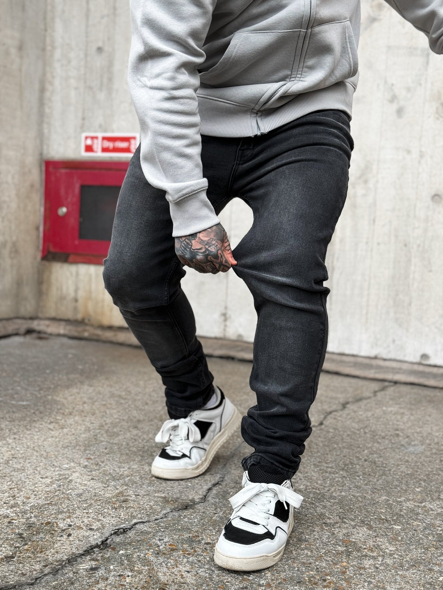 Tapered Fit Mid to Dark Grey Wash Jeans