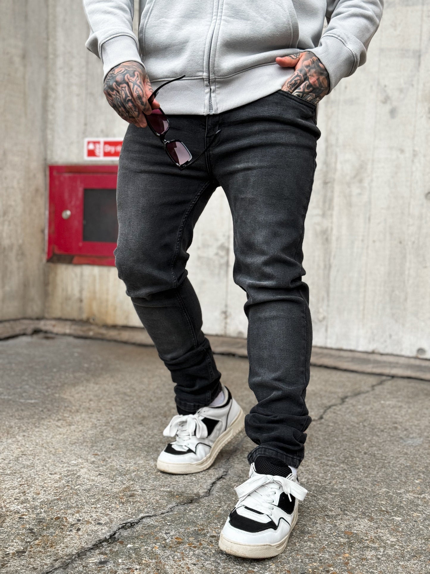 Tapered Fit Mid to Dark Grey Wash Jeans